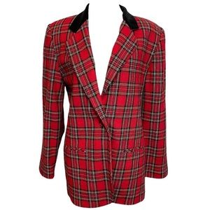 Vintage Red Plaid Oversized Wool Velvet Collar Single Button Blazer Size 10